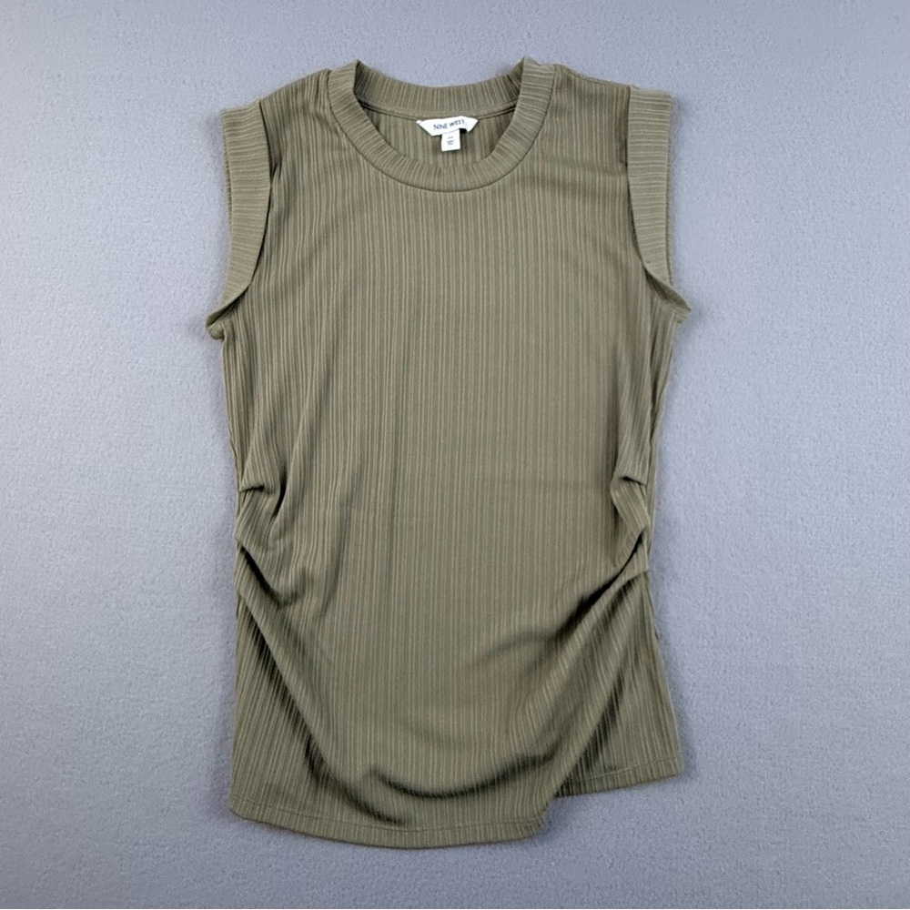 Nine West Top Women’s Medium Sleeveless Ribbed Olive Ruched Side Top‎
